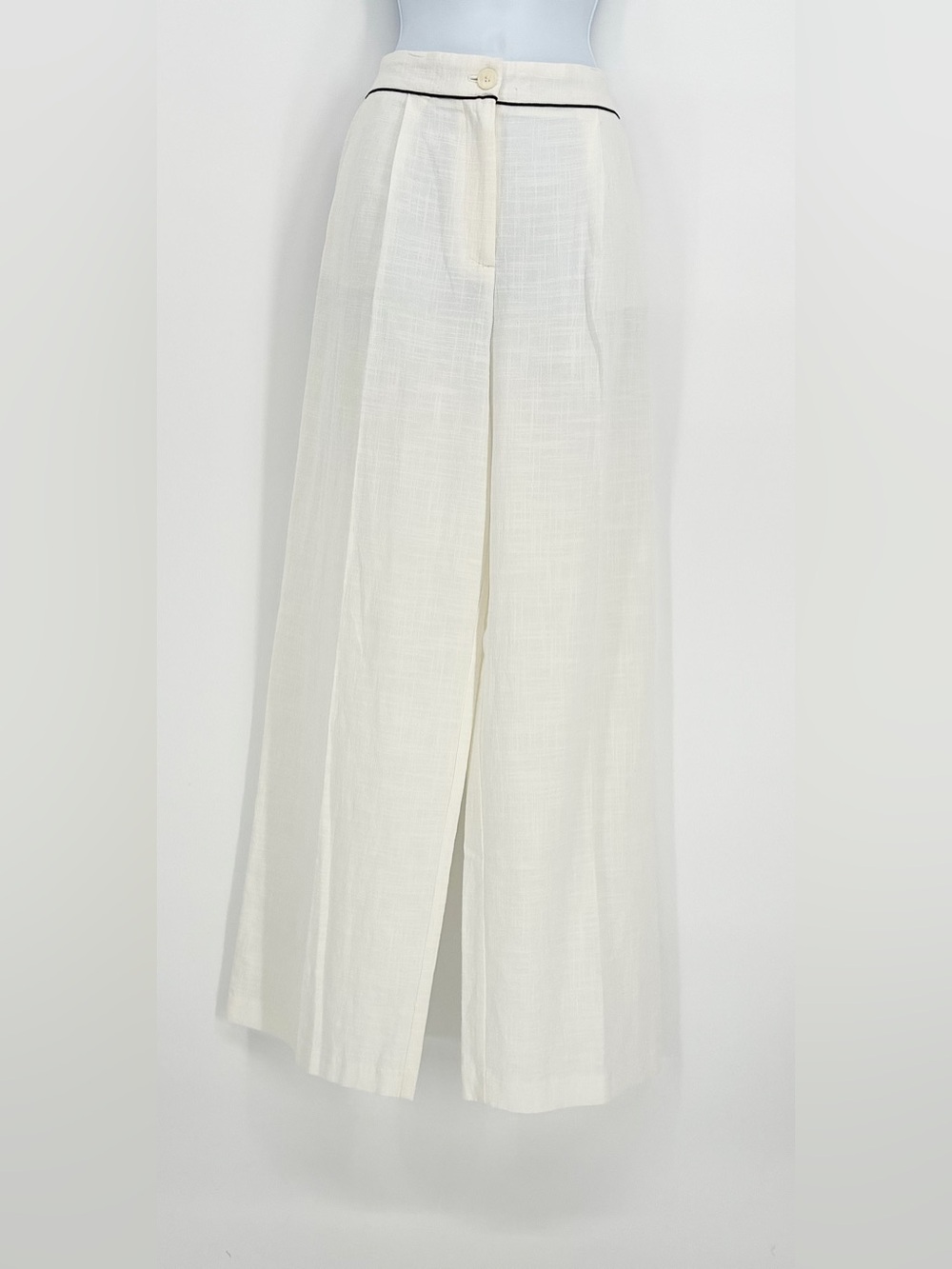 Zara White Linen Pleated Wide Leg Contrast Piping Trousers Pants XS